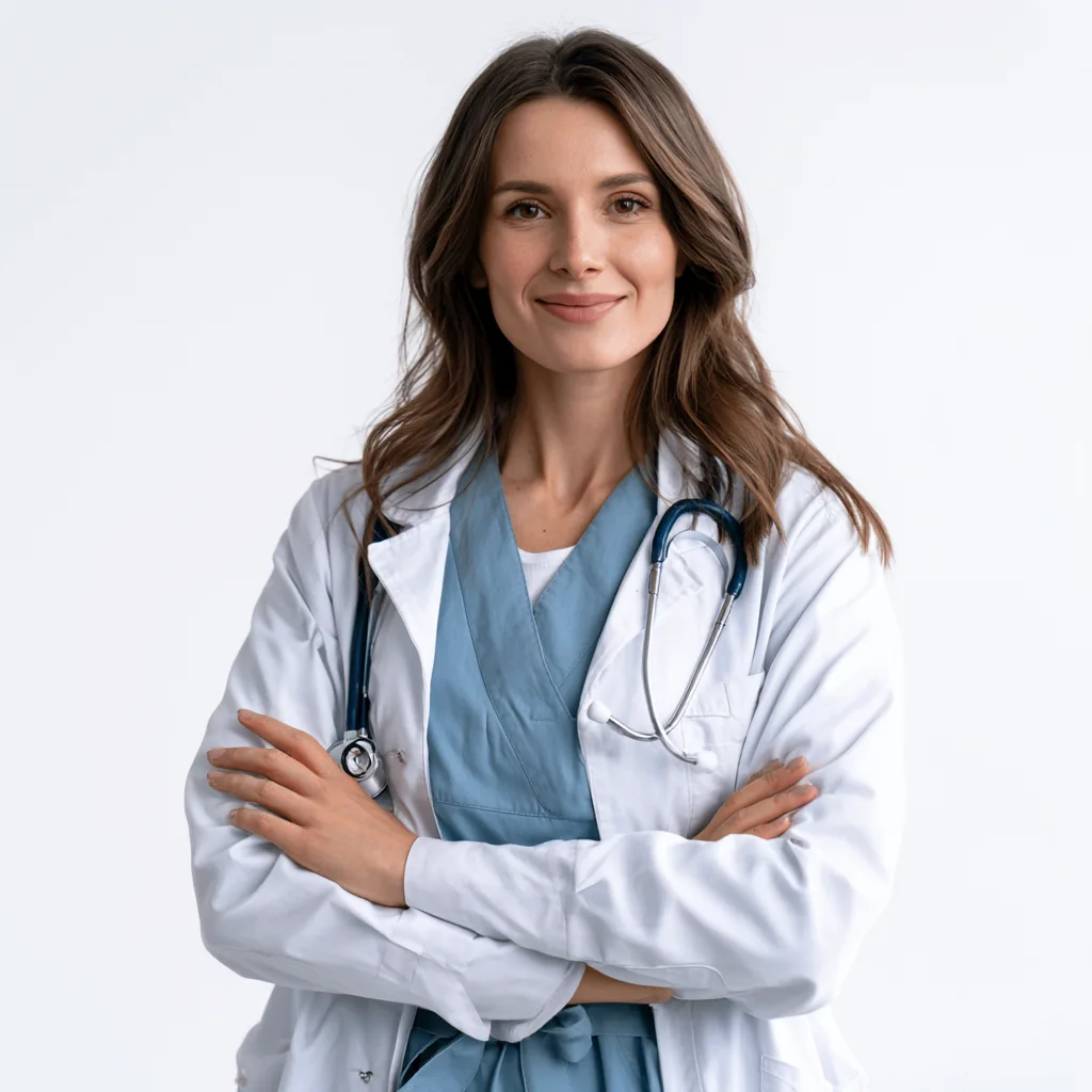 Physician standing with arms crossed in a clinic