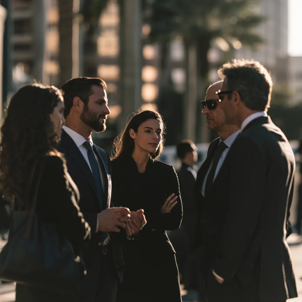 Attorneys meeting outside an office building