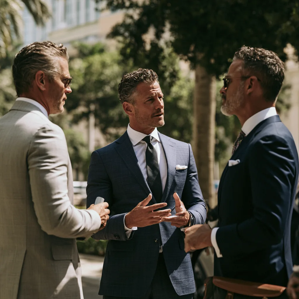 Attorneys in conversation outside their firm