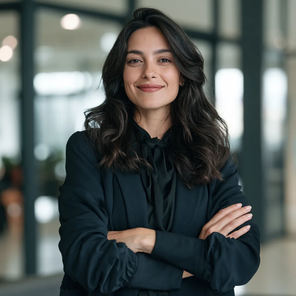 Attorney standing with arms crossed in a modern office