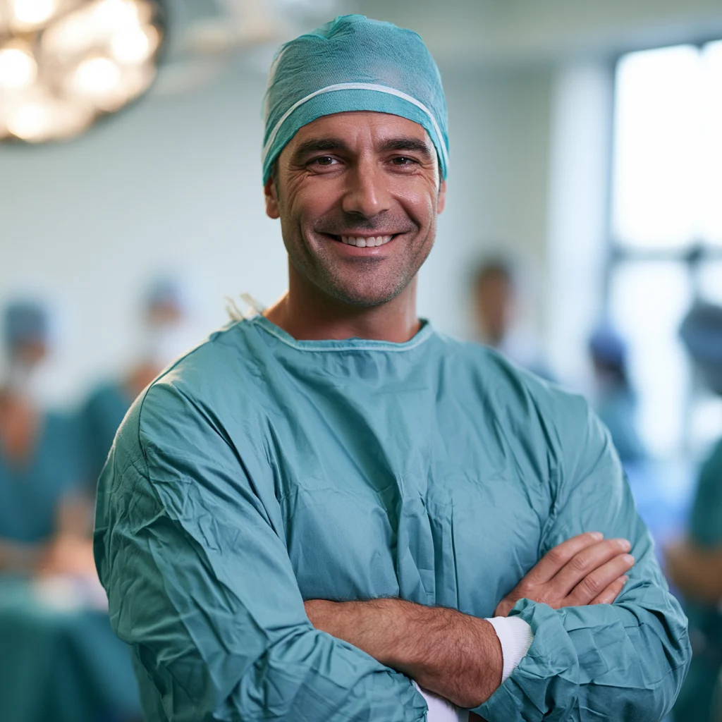 Surgeon standing with arms crossed in an operating room